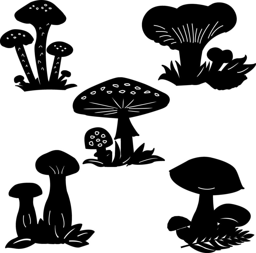 Set of black icons of mushrooms. Cartoon illustrations of forest mushrooms. Porcini, king trumpet, honey agaric, fly agaric, mushroom chanterelle vector