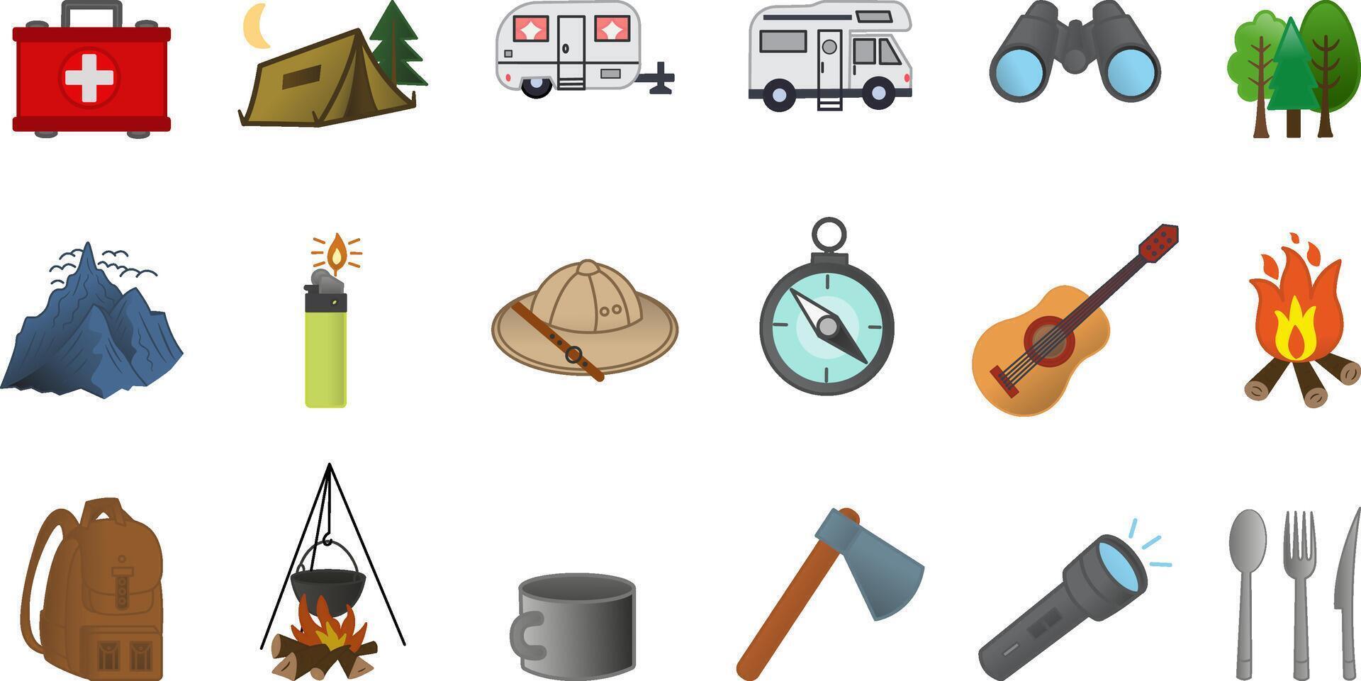 Camping Cartoon Icons Set. Hiking Set. Icons of Tourist, Tent, First Aid Kit, Bonfire, Flashlight, Binoculars, Cutlery, Lighter, Compass, Camping Car, Fisherman, Hat, and Mountains vector