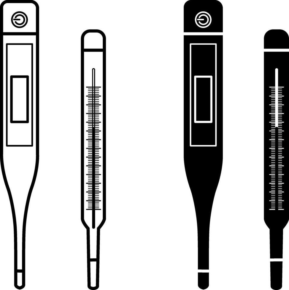 Icons of Electronic and Mercury Medical Thermometers. Black And White Icons. Healthcare concept vector