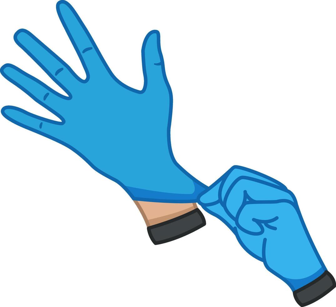 Hands in Sterile Medical Gloves. Blue Protective Rubber or Latex Doctors Hand Clothing, Disposable Antibacterial Virus Protection Gloves vector