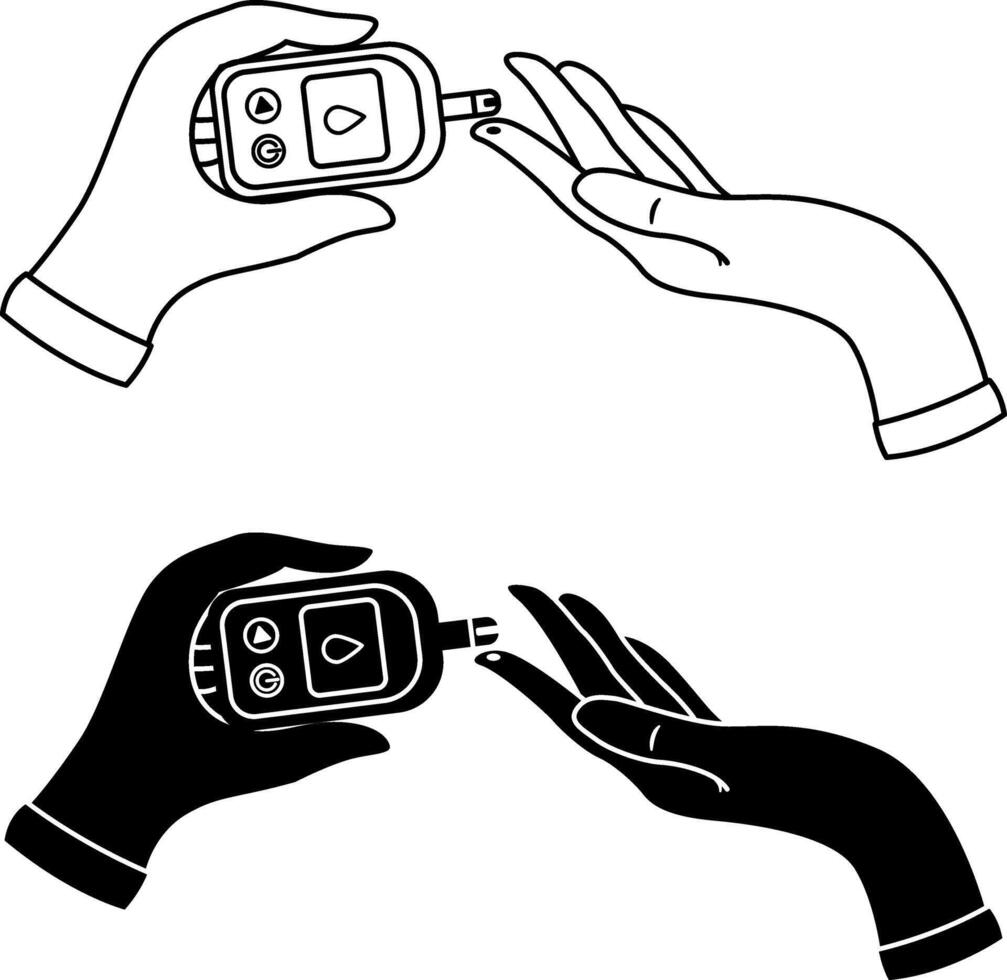 Blood Sugar Test Icons. Black and White Icons. Measurement with a Glucometer. Medical Equipment for Diabetics vector