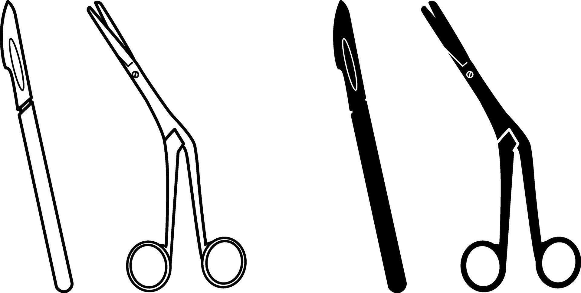 Surgical Instruments Icons. Black and White Icons. Medical Scalpel and Scissors vector