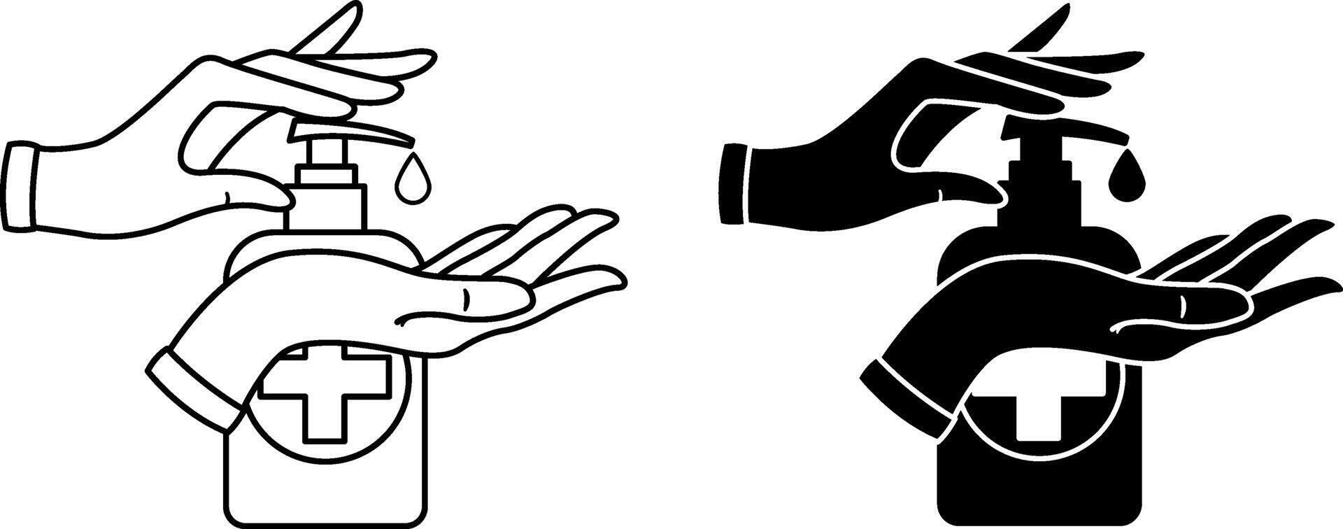 Hand Washing Icons with Disinfectant Liquid Soap. Black and White Icons. Hygienic Procedure, Disease Prevention. Antiseptic vector