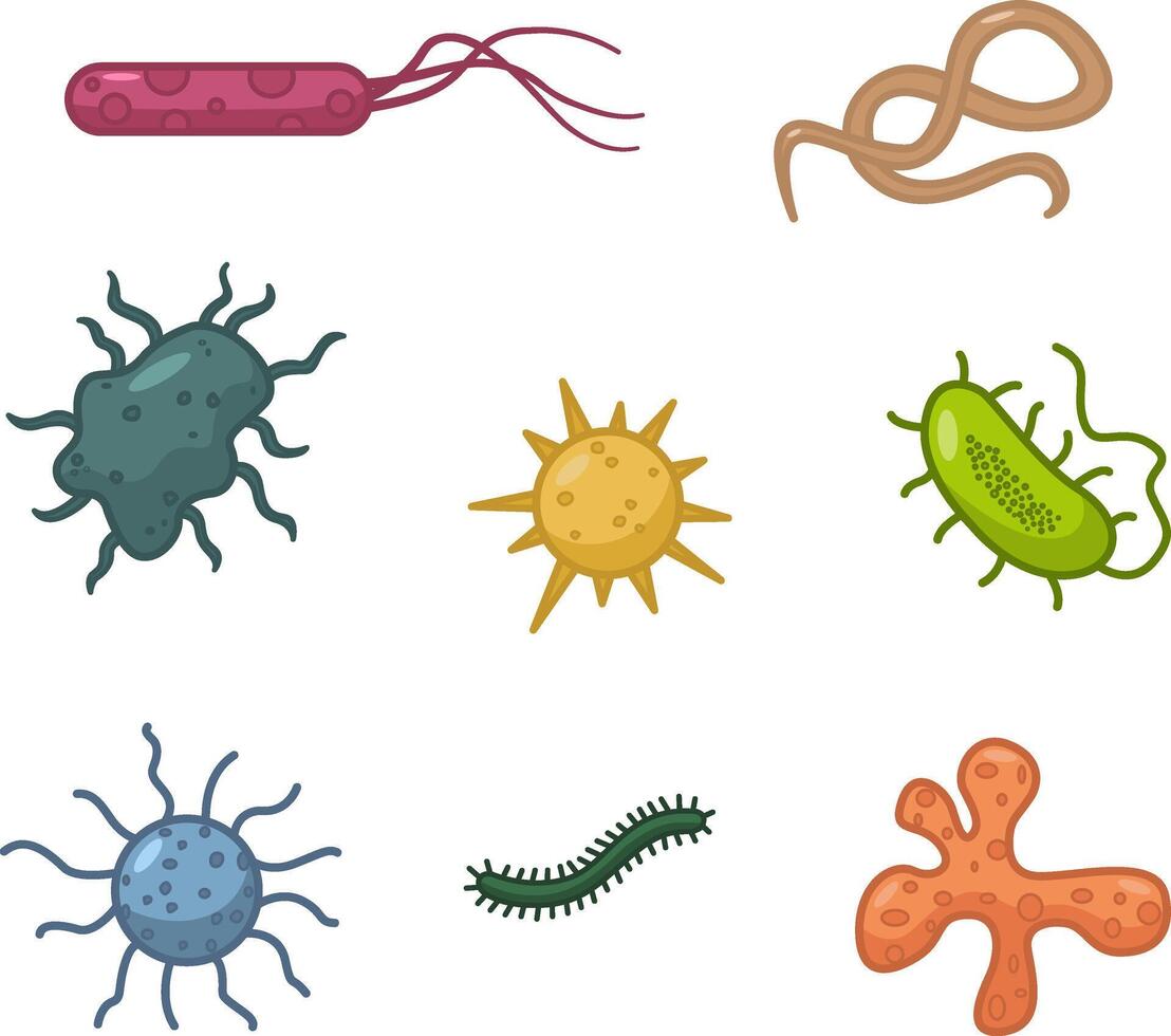 Set of Bacteria and Microbes. Illustration of Viruses Causing Various Diseases. Medicine concept vector