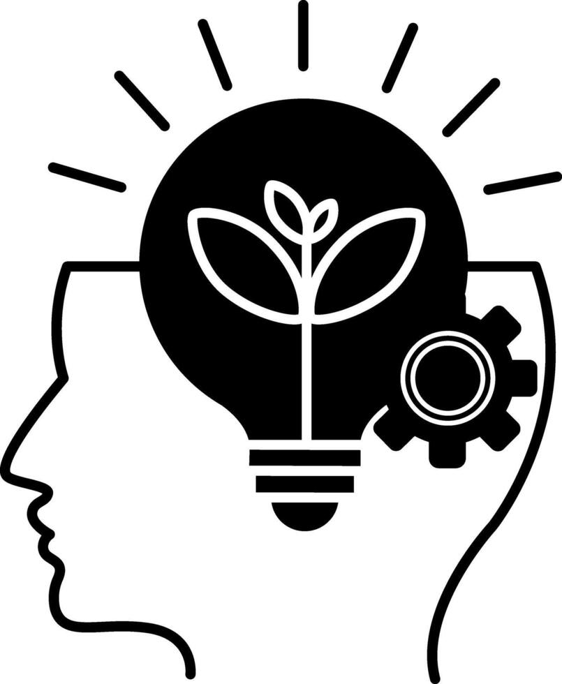 Black Inspiration Icon. Illustration of a Growing Plant in a Glowing Light Bulb and Gears. Web icon for Business and Creativity vector