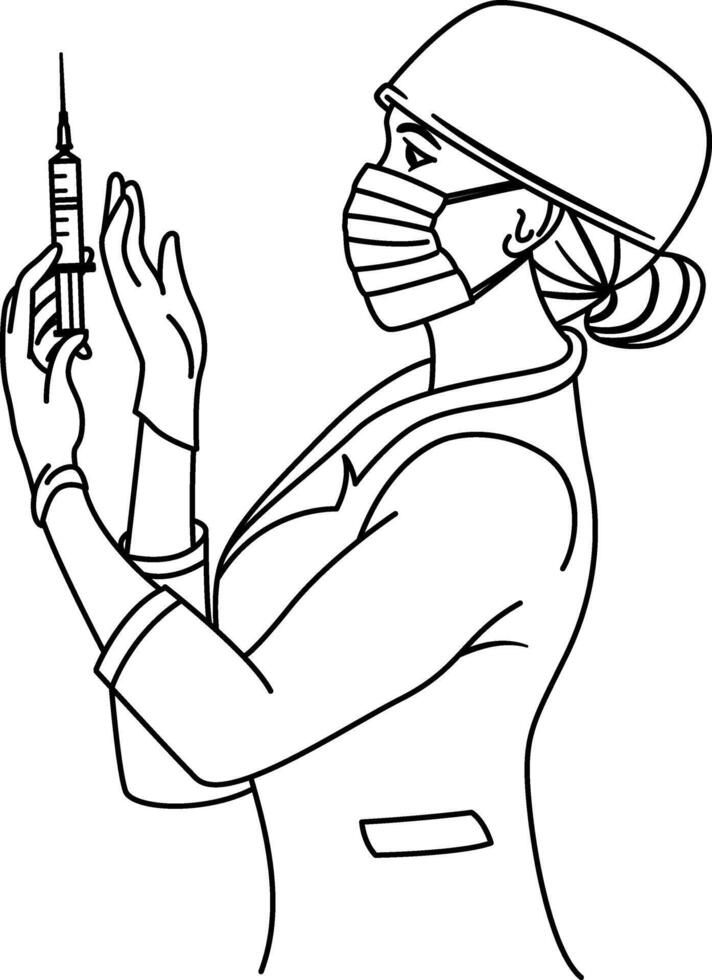 Nurse Getting Ready to Give an Injection for Coloring Book. Illustration of a Nurse in a Medical Gown and a Protective Mask Holding a Disposable Syringe with a Vaccine. Medicine Concept vector