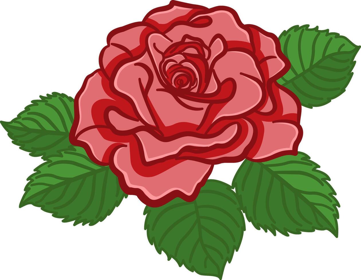 Red Rose Flower. Illustration of a Beautiful Rose with Green Leaves. Floral Design for Printing on Clothes, Cards, Wedding Invitations, Congratulations, Botanical Texts vector