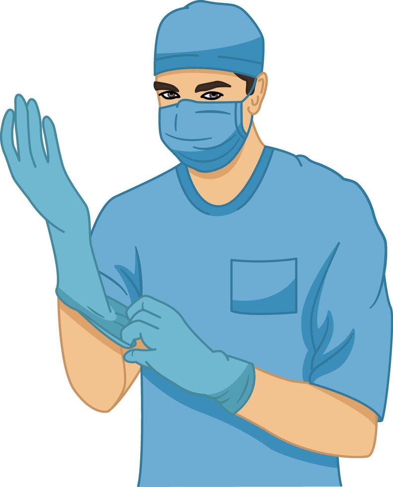 Doctor Preparing for Operation. Illustration of a Surgeon in a Sterile Suit, Protective Mask, and Rubber Gloves. Medicine Concept vector
