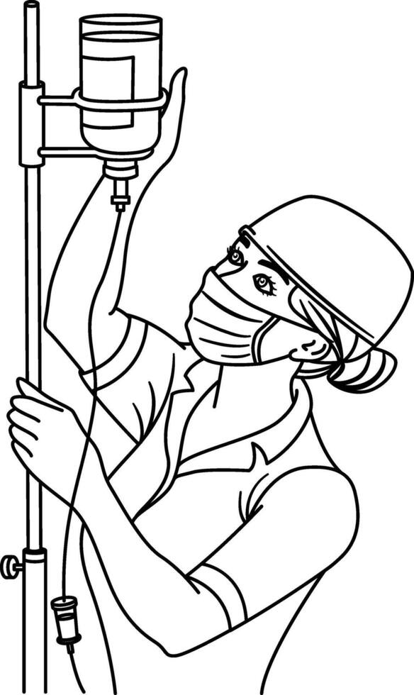 Nurse Preparing Dropper for Coloring Book. Illustration of a Nurse in a Medical Gown, Protective Mask, Headgear and Dropper. Medicine Concept vector