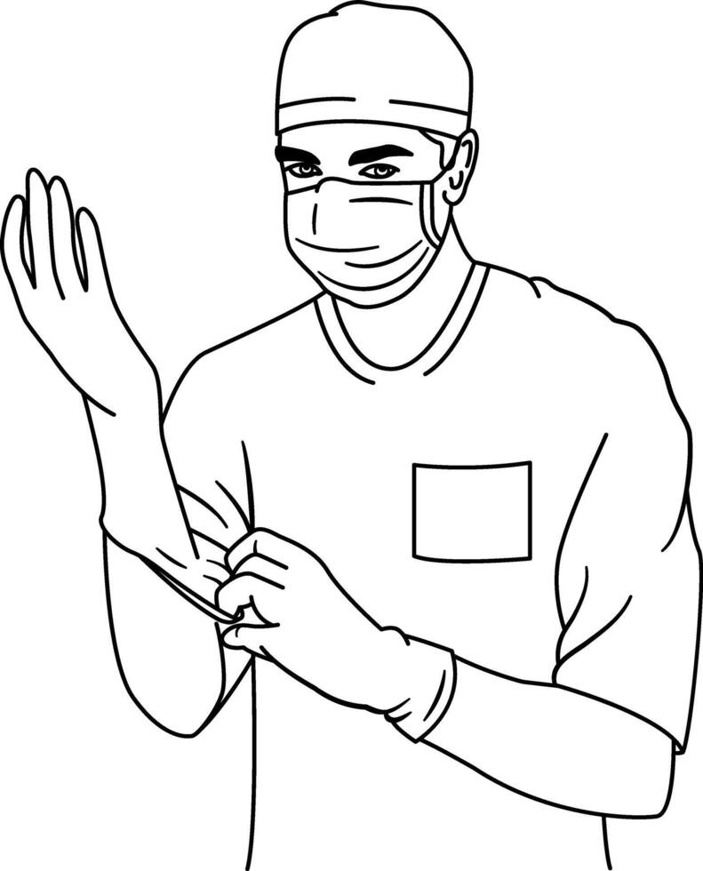Doctor Preparing for Operation for Coloring Book. Illustration of a Surgeon in a Sterile Suit, Protective Mask, and Rubber Gloves. Medicine Concept vector