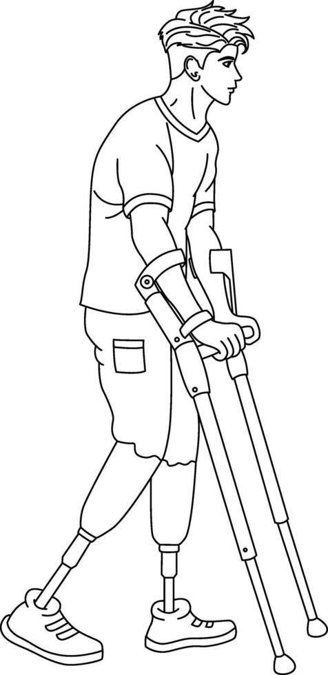 Young Man With Prosthetic Legs for Coloring. Handsome Man with Prosthetic Legs Learning to Walk with Crutches vector