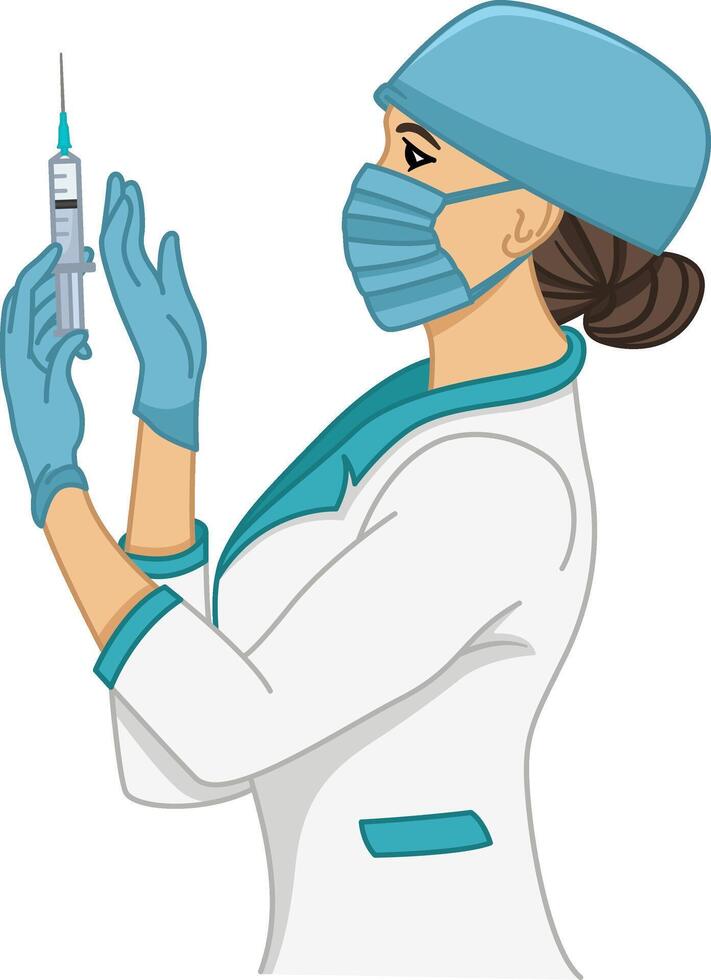 Nurse Preparing to Give an Injection. Illustration of a Nurse in a Medical Gown and a Protective Mask Holding a Disposable Syringe with a Vaccine. Medicine Concept vector