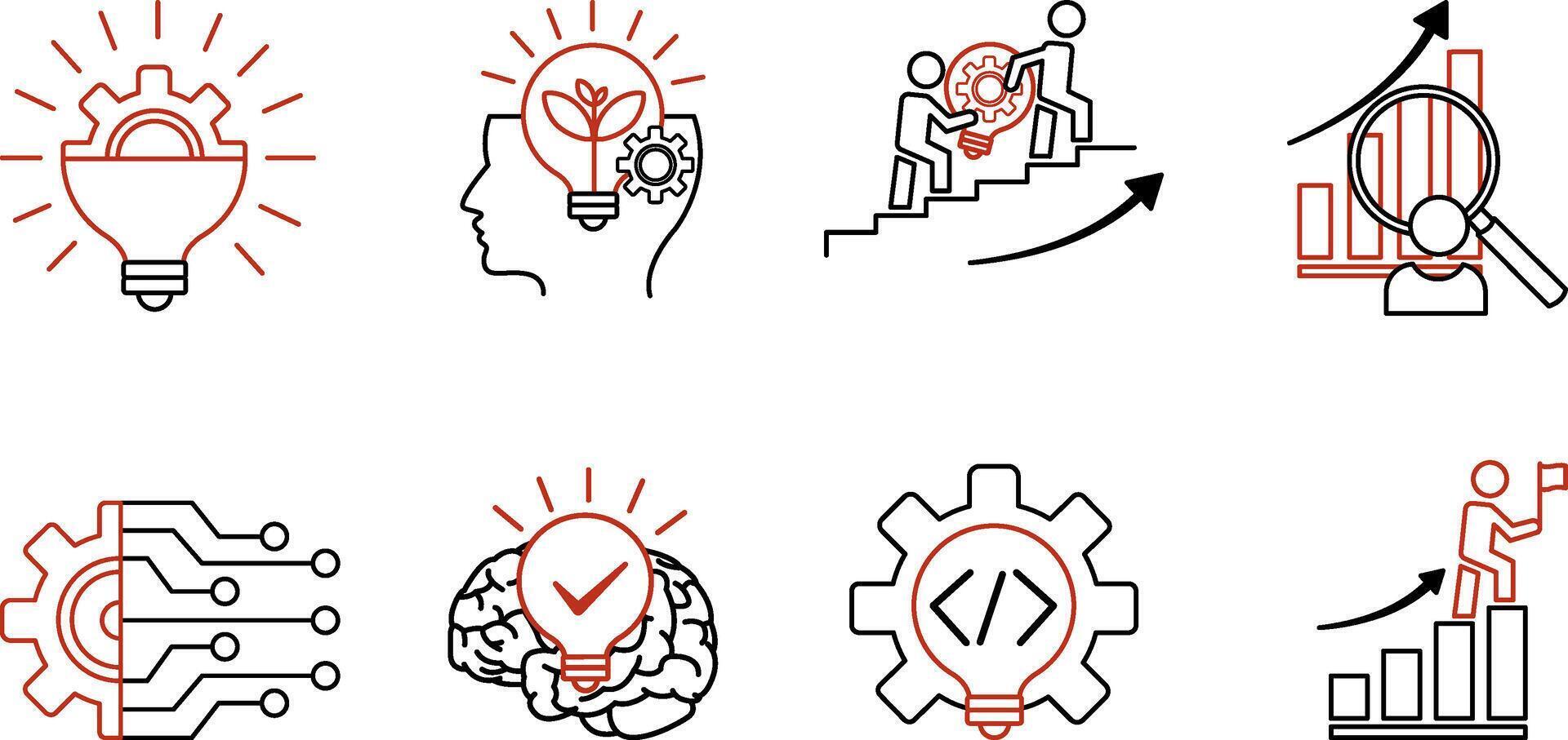 Innovation Icons Set. Icons of Success, Teamwork, Development, Technology, Analysis, Creativity, Inspiration, and Innovation vector