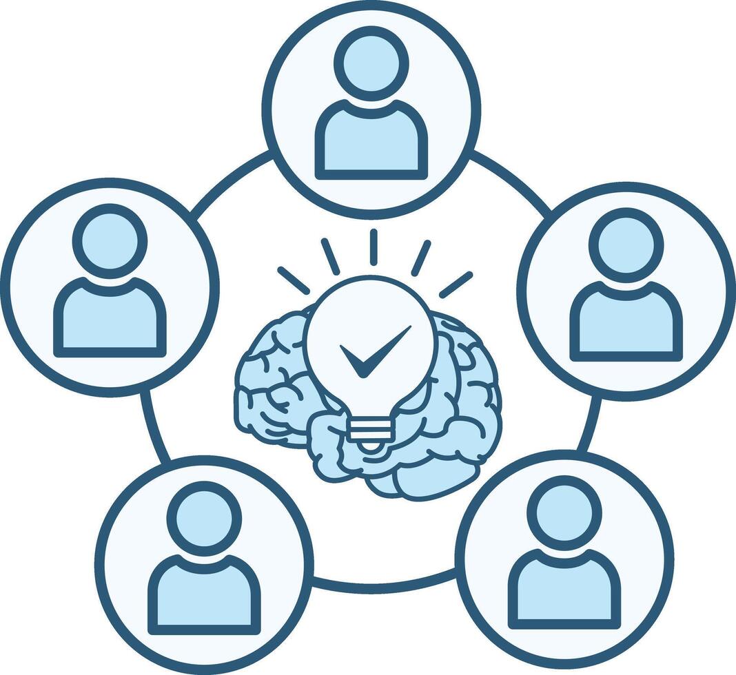 Colored Brainstorming Icon. Discussion of New Creative Projects. Illustration of People, Brain, and Glowing Light Bulb. Business and Teamwork Concept vector