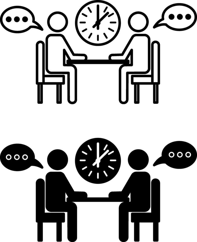 Meeting icons. A business meeting. Illustration of People Sitting at a Table and Clock. Business and Teamwork Concept vector