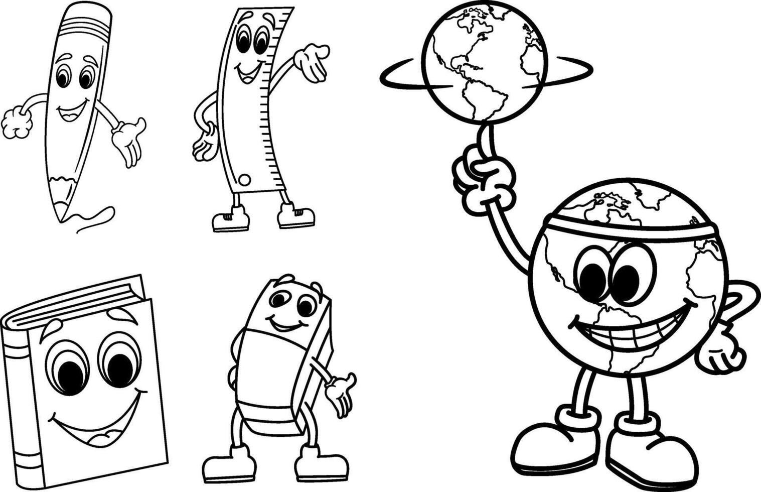 Set of School Cartoon Characters for Coloring. Illustration of Globe, Pencil, Ruler, Book, and Eraser vector