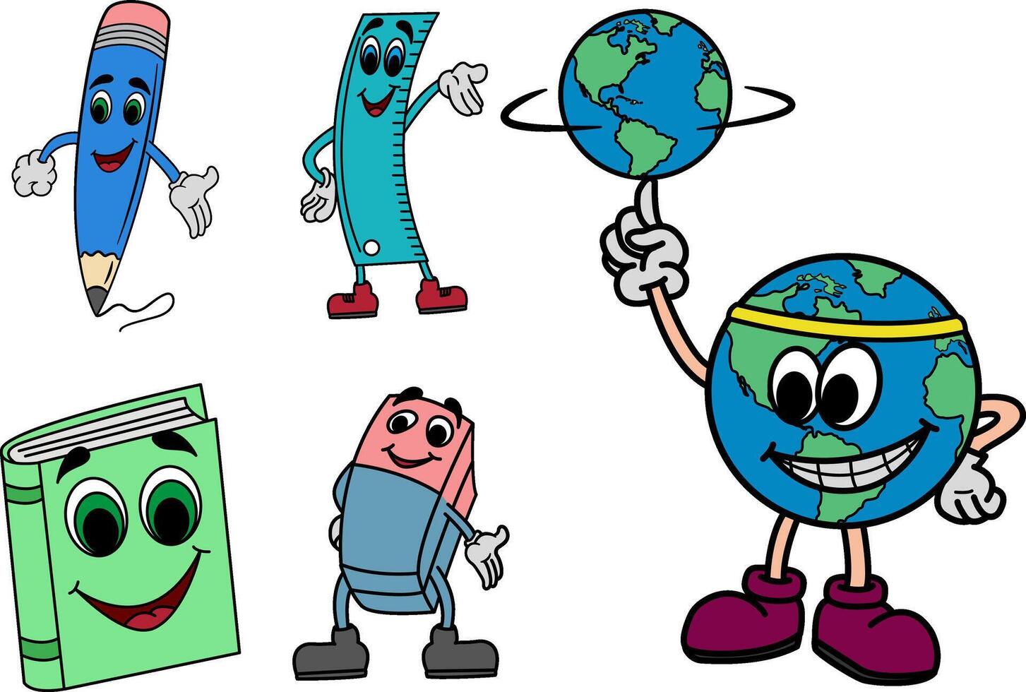 Set of School Cartoon Characters. Illustration of Globe, Pencil, Ruler, Book, and Eraser vector