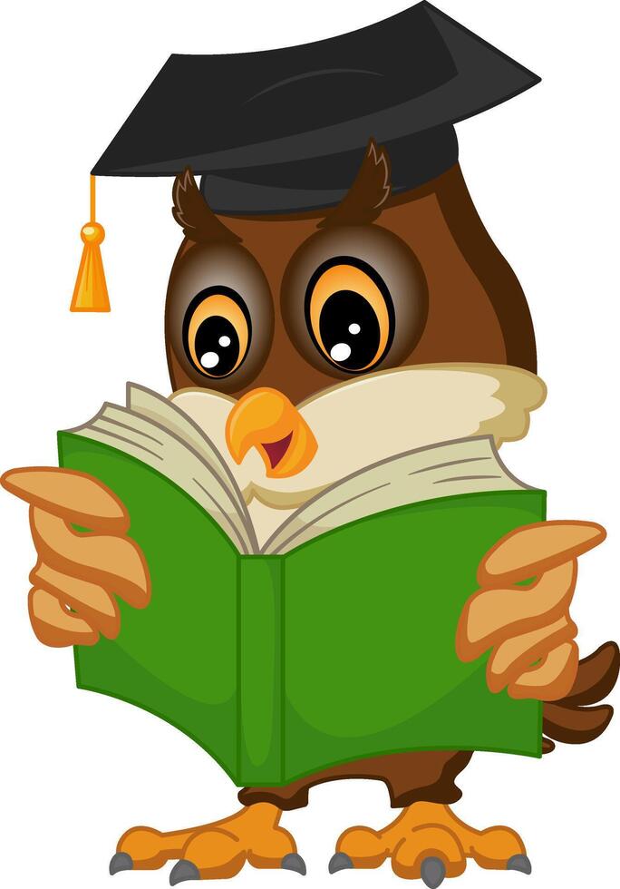 Cartoon Owl Reads a Book. The concept of self-education. Illustration of a Wise Bird in a Graduation Hat and a Book vector