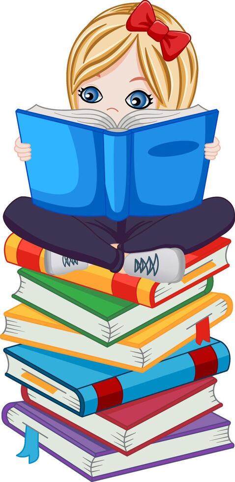 Cute Girl Reads a Book. Education concept. Illustration of Funny Schoolgirl Sitting on Books vector