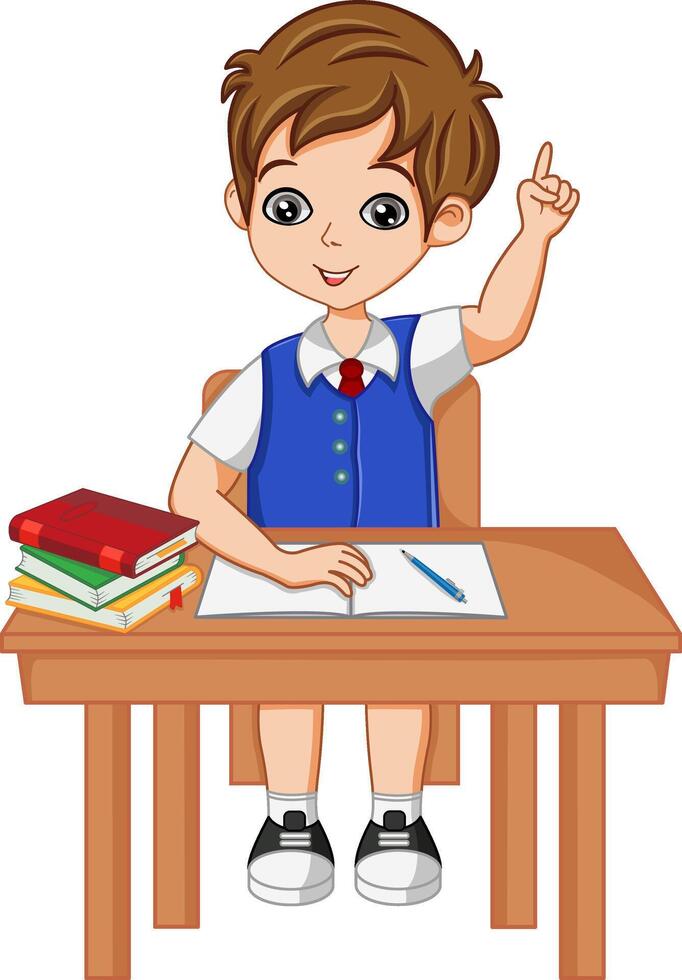 The schoolboy raises his hand to answer the question. Education concept. Illustration of a Boy Sitting in the Lesson. vector