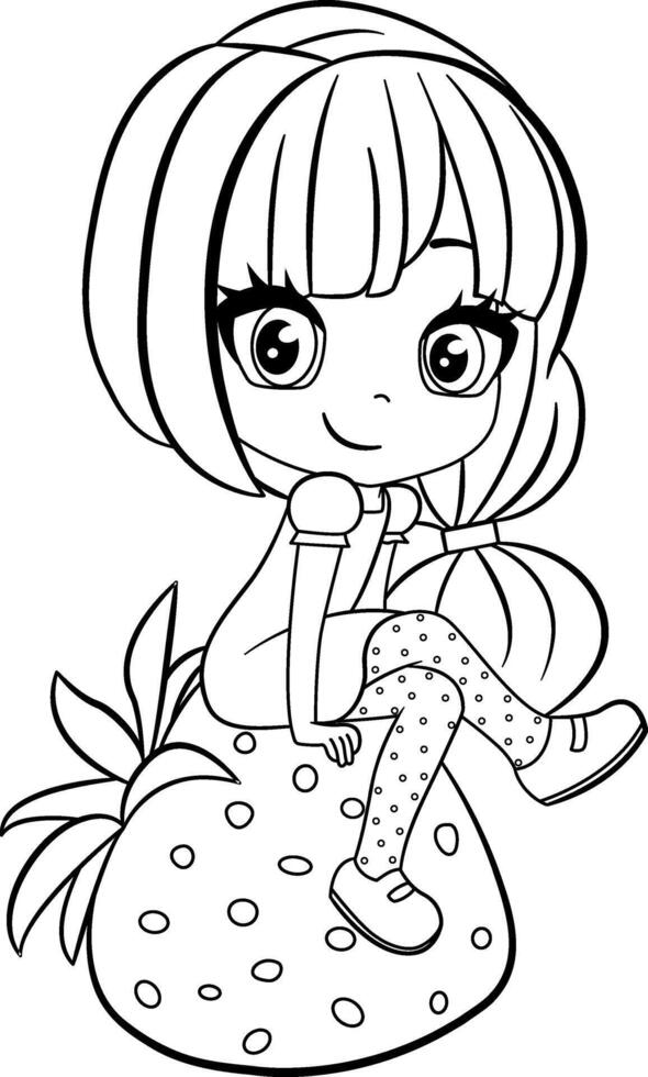 Cute Chibi Girl for Coloring. Illustration of a Funny Girl Sitting on a Strawberry vector