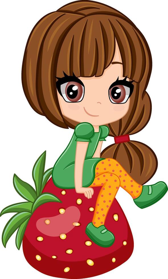 Cute Chibi Girl. Illustration of a Funny Girl Sitting on a Strawberry vector