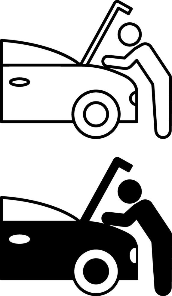 Maintenance icons. Black and White Icons of Mechanic Checking Contents of Car Hood. Vehicle Repair. Car service concept vector
