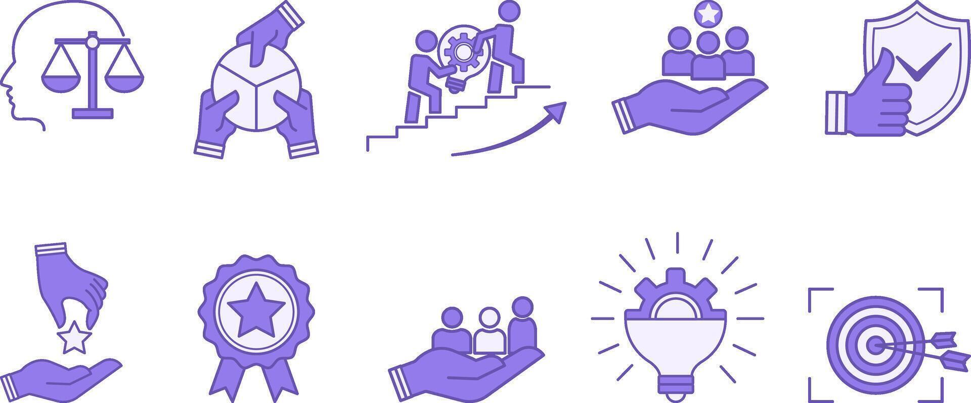 Colored Set of Core Icons. Icons Commitment, Innovation, Customers, Teamwork, Honesty, Goals, Responsibility, Reliability, Quality, and Inclusion vector