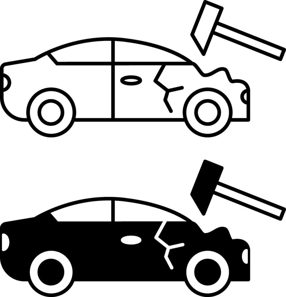 Body Repair icons. Black and White Icon of Broken Car and Hammer. Car service concept vector