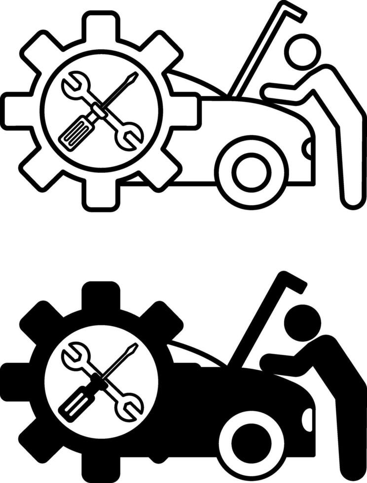 Car Service Icons. Black and White Icons of Car Repair by Mechanic. Gear and Tools. Vehicle Repair and Maintenance vector