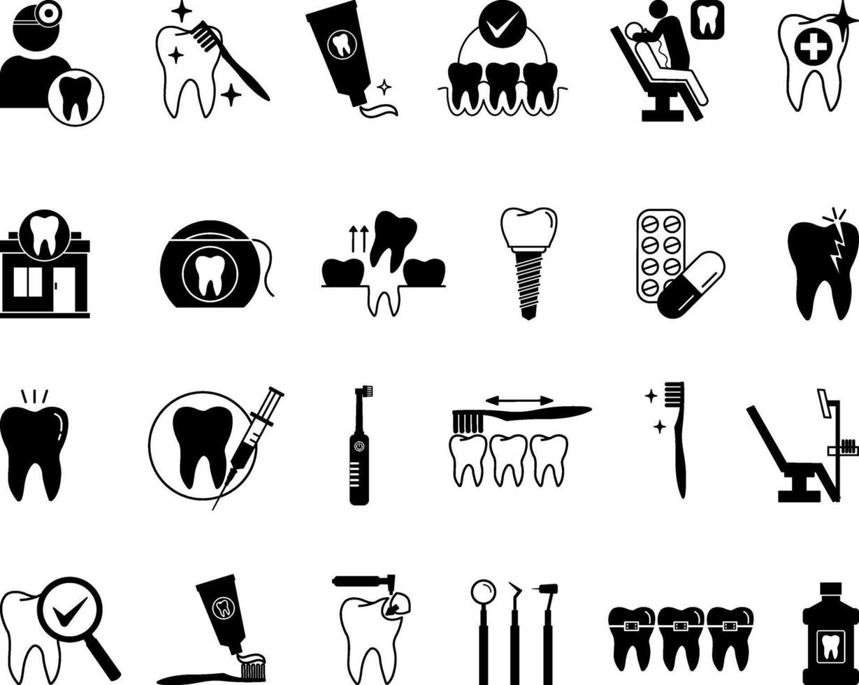 Black Set of Dental Icons. Icon of Dentistry, Tooth, Implant, Broken Tooth, Braces, Dental Care, Tooth Extraction, Examination and Other vector