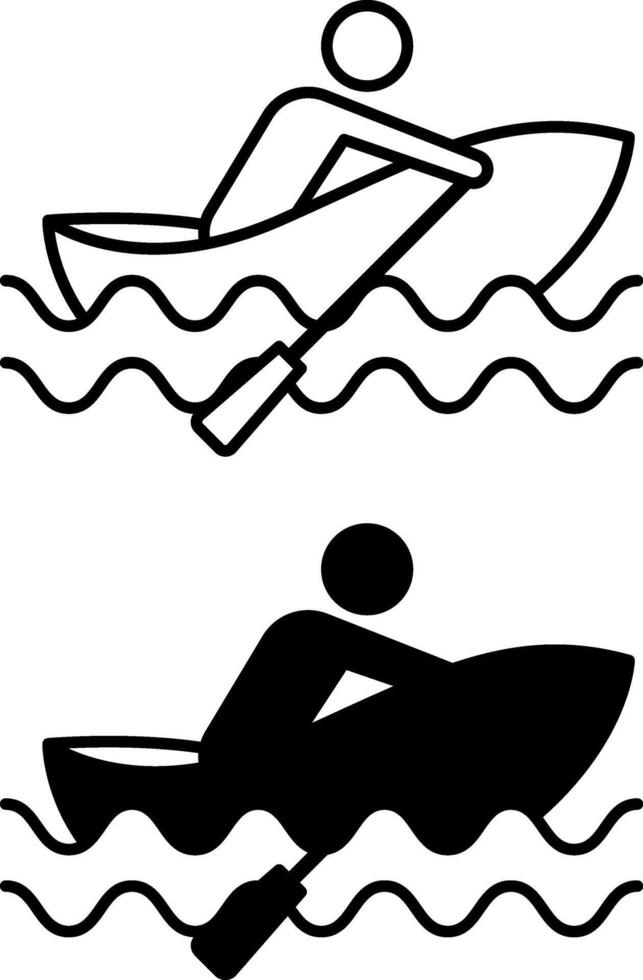 Rowing Boat Icons. Black and White Icons. Man Sailing on a Boat with Oars. Water Transport Concept vector