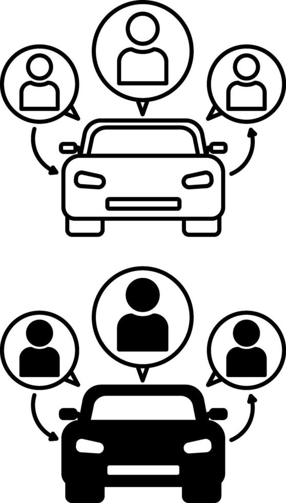 Carpooling Icons. Black and White Icons of Group of People Using One Car. Carsharing. Transport Rental Service vector