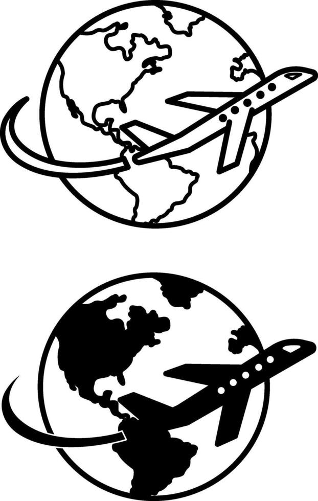 Flight icons. Black and White Icons of a Flying Airplane Around the Planet. Travel and Tourism. Transport Concept vector