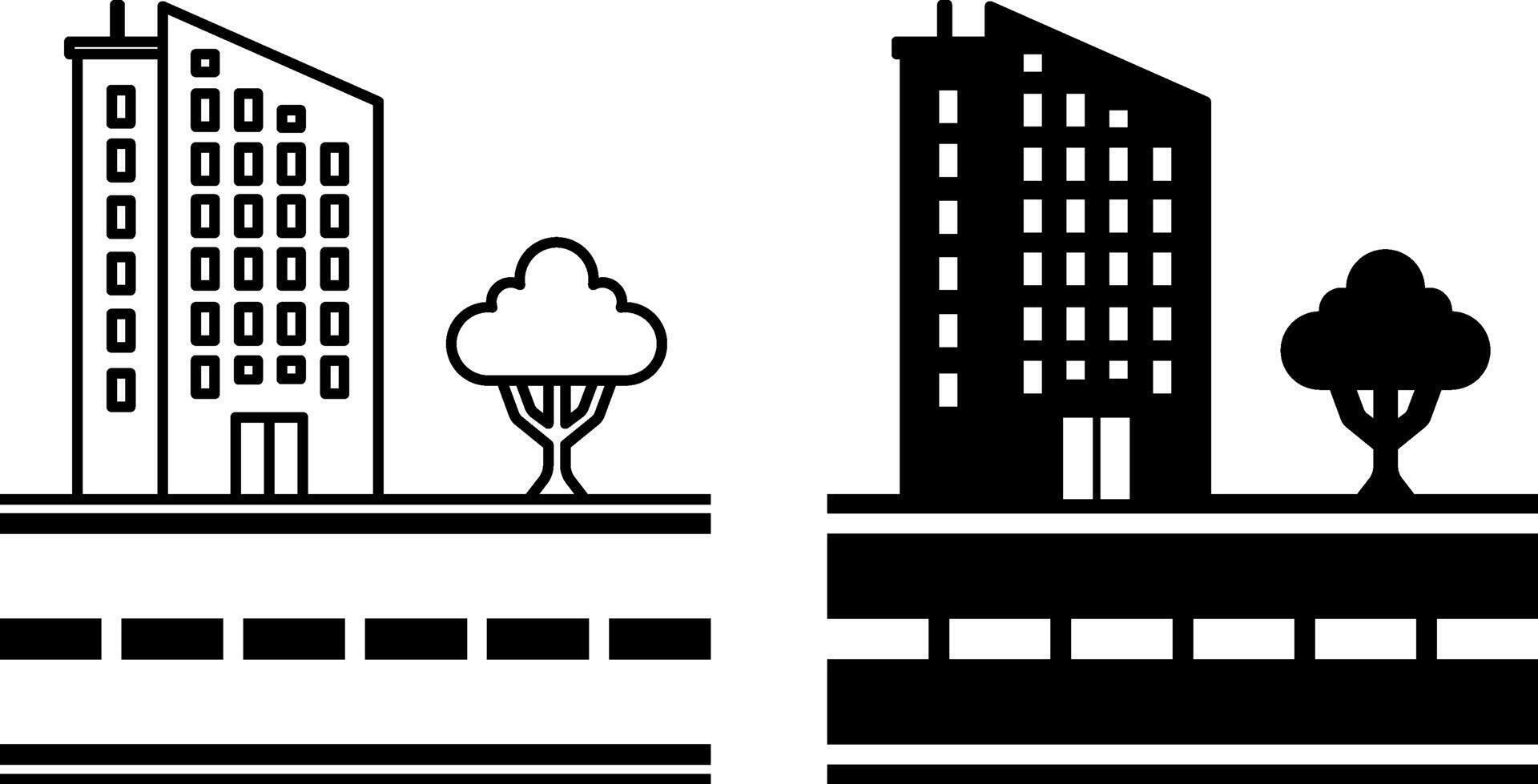 City Icons. Black and White Icons. Multi-Storey Building, Tree, and Road. Street, Residential Area. Road Concept vector