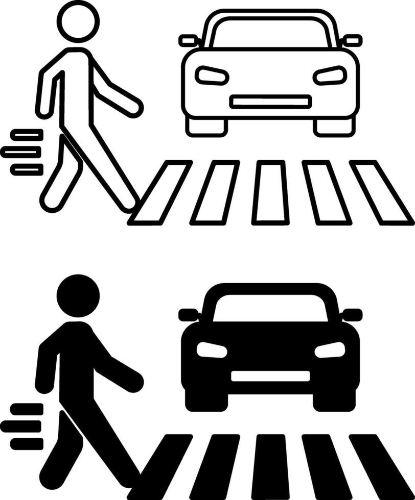 Crosswalk Icons. Black and White Icons. Pedestrian Walking on Crosswalk Past Parked Car. Road Traffic Rules. Road Concept vector