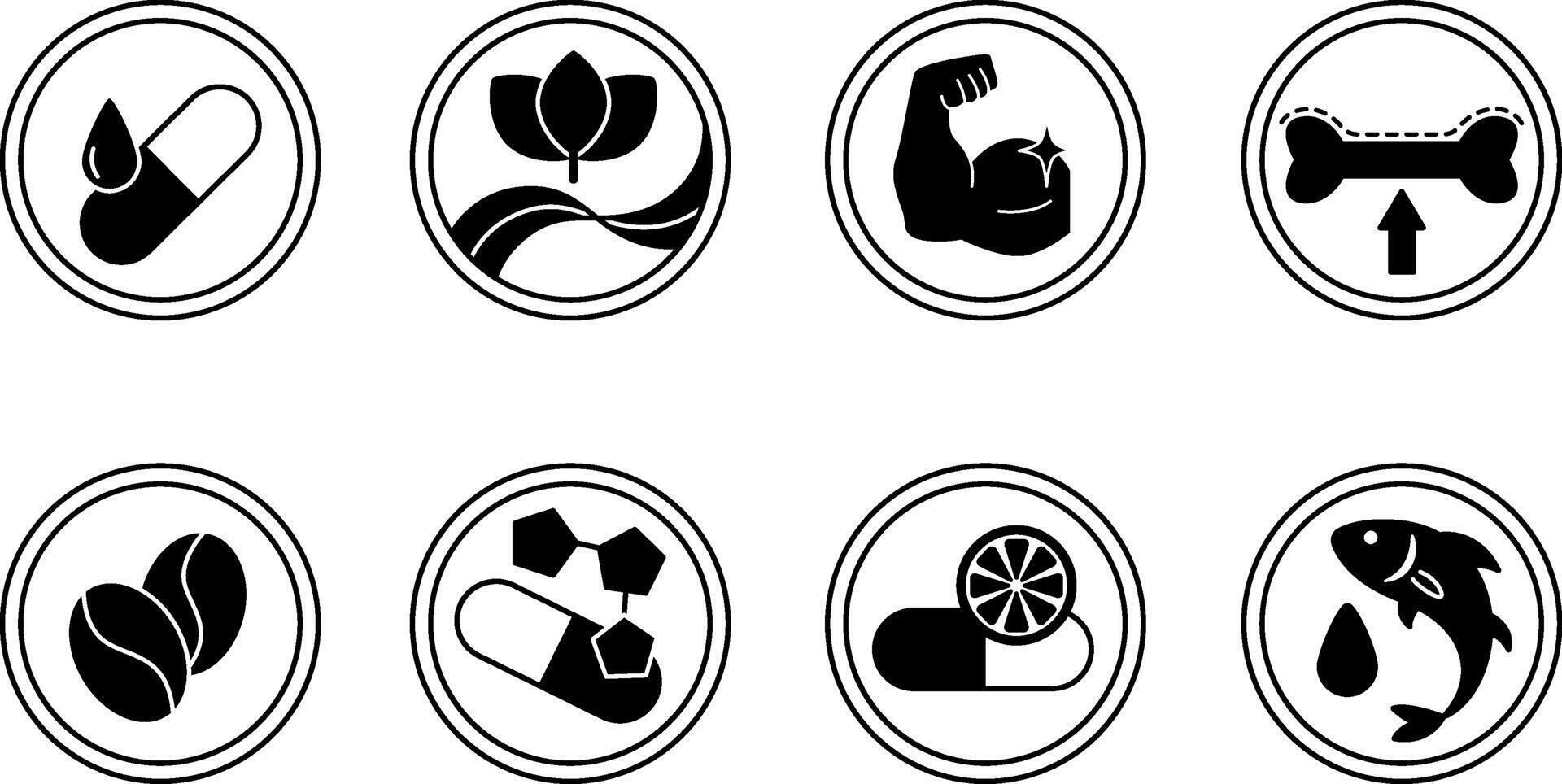 Black Labels for Medicine and Food Packaging. Icons of Vitamin E, Fiber, Protein, Calcium, Caffeine, Minerals, Vitamin C, Omega 3 Fatty Acids vector