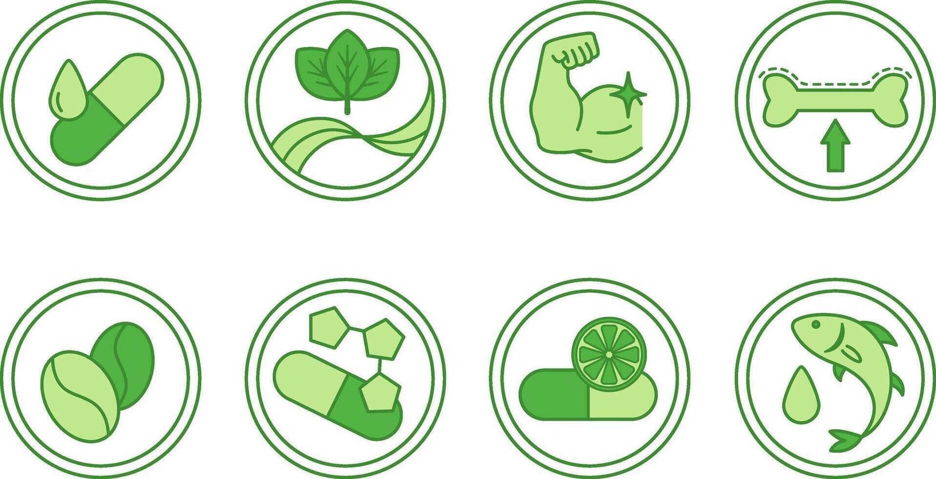 Green Labels for Medicine and Food Packaging. Icons of Vitamin E, Fiber, Protein, Calcium, Caffeine, Minerals, Vitamin C, Omega 3 Fatty Acids vector