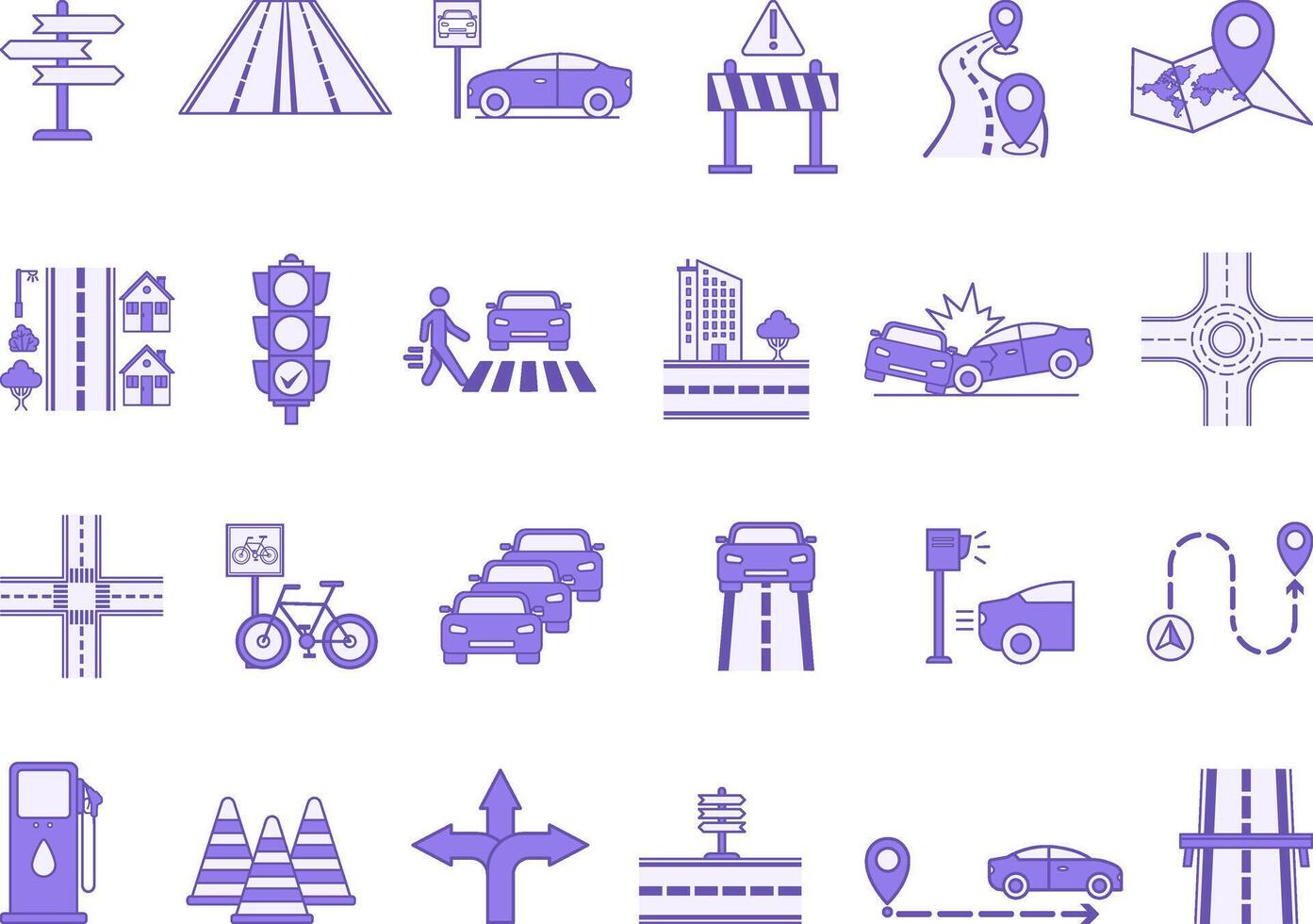Color Road Icon Set. Icons City, Sign, Street, Parking, Route, Traffic Light, Pedestrian Crossing, Car Accident, Barrier, Crossroad and More vector