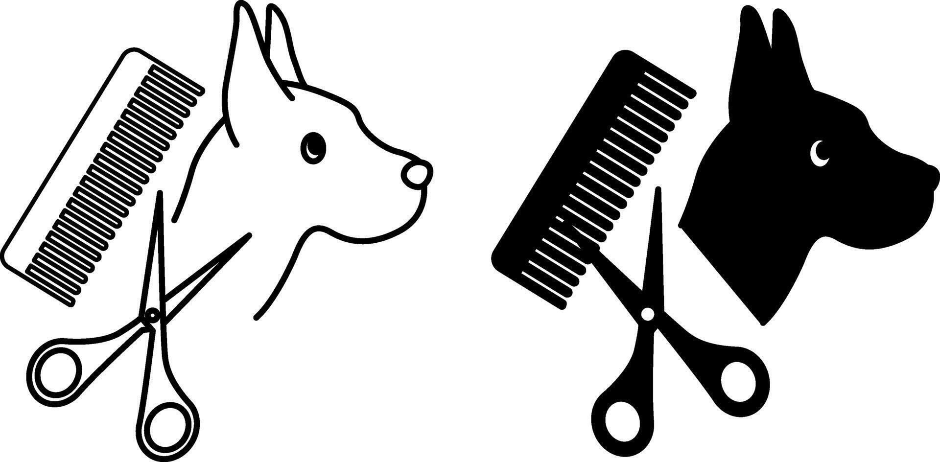 Grooming Icons. Black and White Icons. Dog, Scissors, and Comb. Pet Salon Grooming. Groomer Services vector