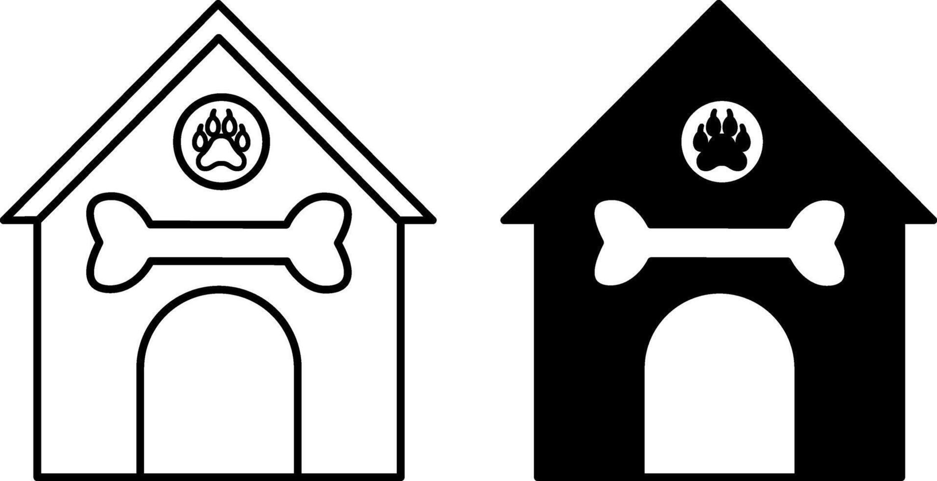 Pet House Icons. Black and White Icons. Dog House with Paw and Bone. The place for Pet to Sleep vector
