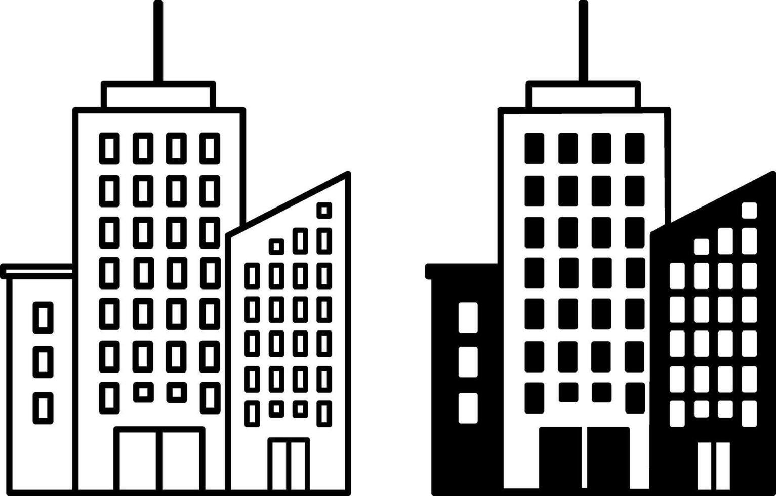 City Icons. Black and White Icons of Urban Residential Buildings. City Center, Megapolis, Skyscraper, Office Building, City Street, Apartment Building. Architecture Concept vector