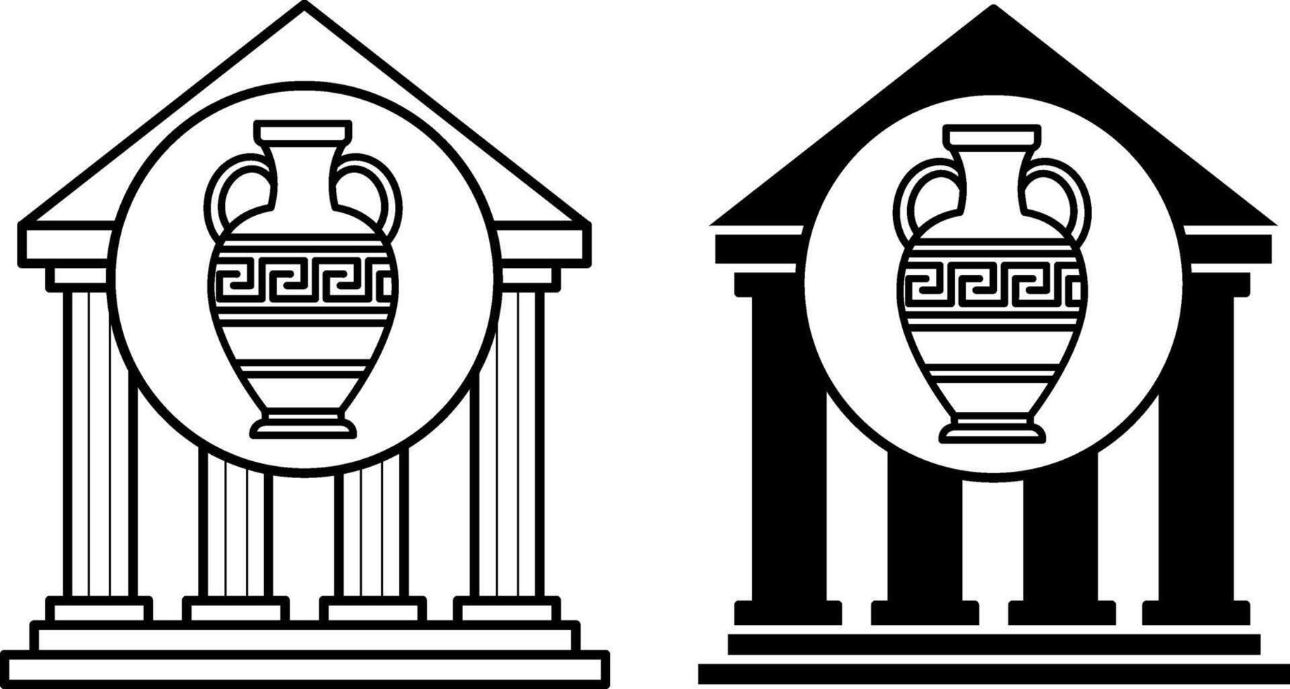 Museum icons. Black and White Icons of Museum Building with Antique Amphora. Art Gallery logo. Urban Architecture vector