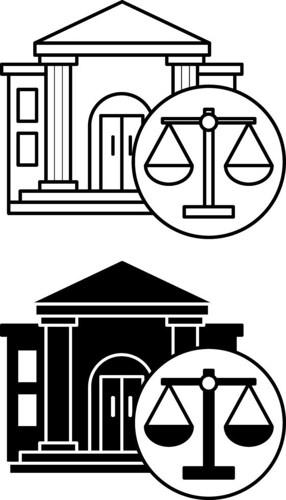 Court Building Icons. Black and White Icons. State Institution and Scales of Justice. Legal Service. Architecture Concept vector