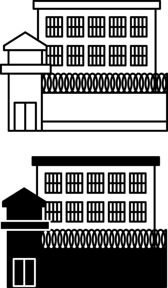 Prison Building Icons. Black and White Icons of Prison Building, Prison Tower, and Barbed Wire Fence. Government Institution. Concept of Punishment for Crimes vector