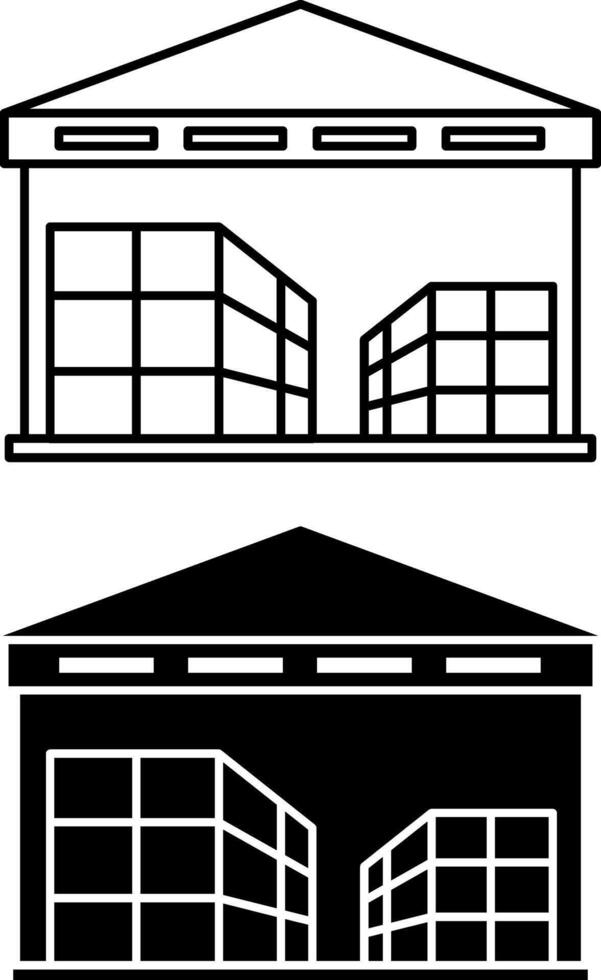 Warehouse icons. Black and White Icons of Warehouse Building with Product. Safe Storage and Movement of Cargo. Architecture Concept vector