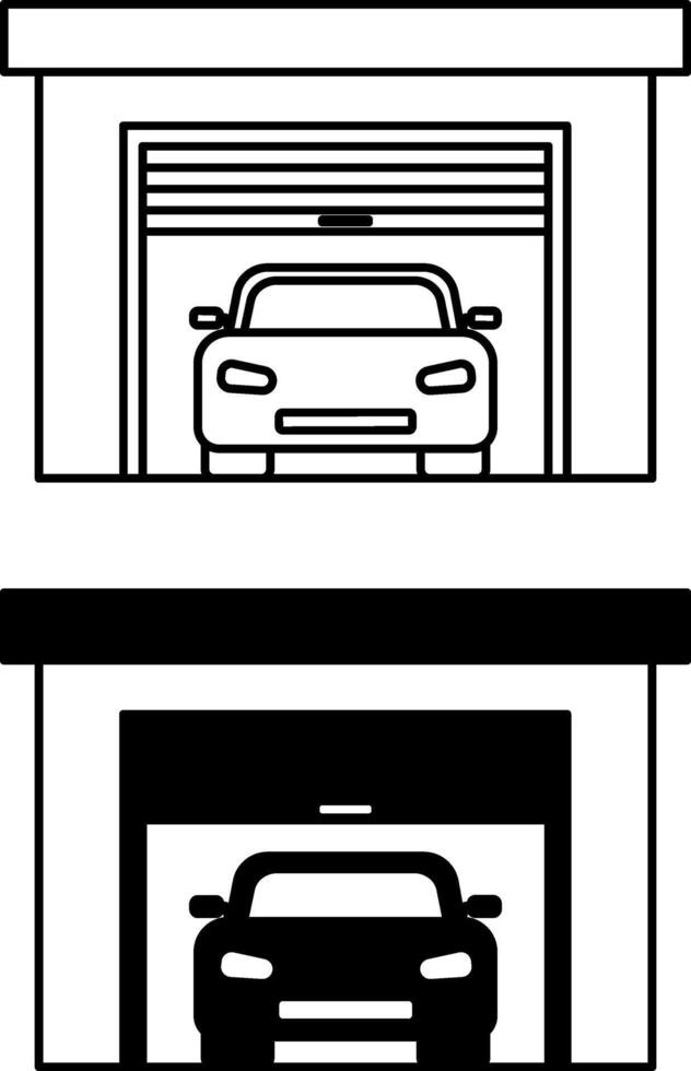 Garage icons. Black and White Icons of Garage Building with Car Inside. Real estate. Transport Concept vector