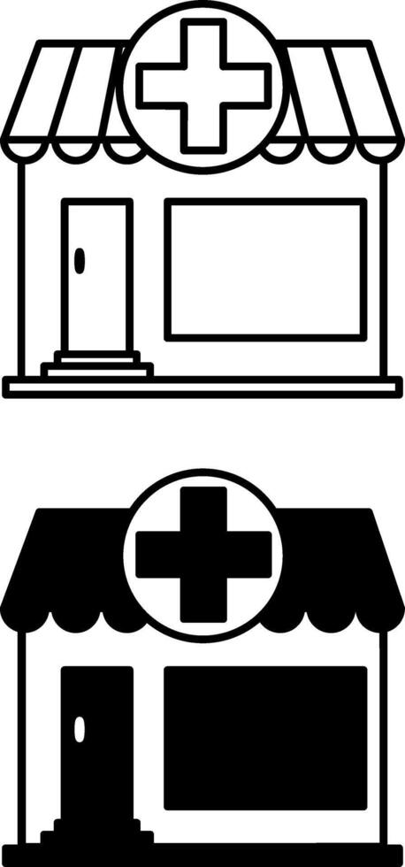 Pharmacy icons. Black and White Icons of Pharmacy Building. Medical institution. Concept of Architecture and Medicine vector