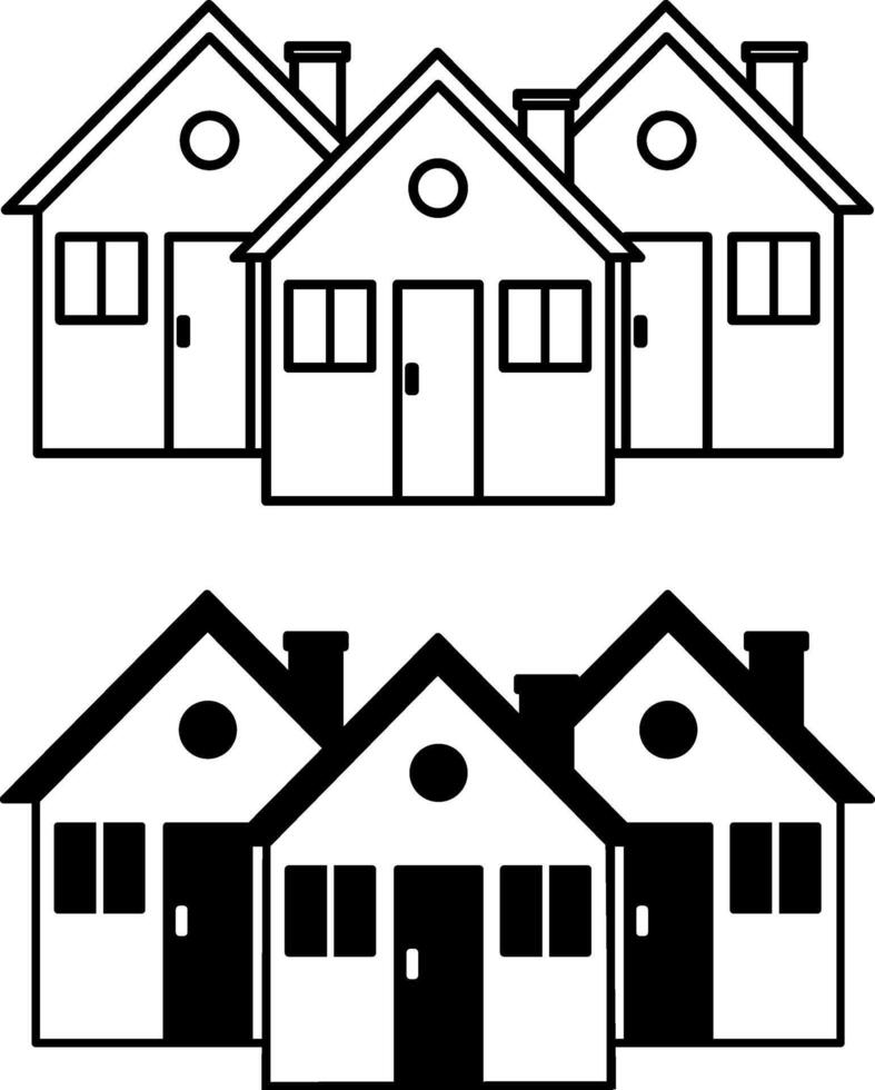 Village Icons. Black and White Icons of Private House Buildings. Real estate, Mortgage. Residential Architecture vector