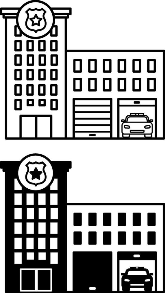 Police Building Icons. Black and White Icons. City Police Station with a Police Car in the Garage. Government Institution. Concept of Architecture and Law Enforcement vector